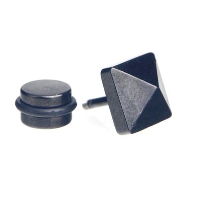 2x Cool Mens Earring Stud Stainless Steel Black Pyramid  