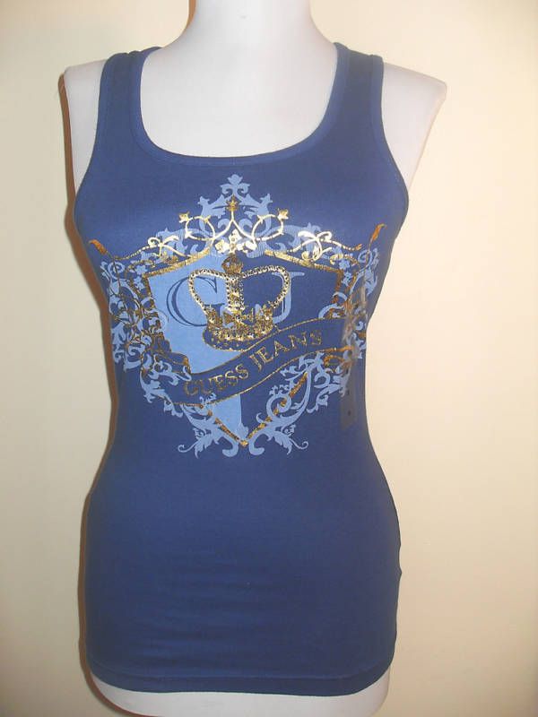 NWT GUESS RAGETTA BLUE TANK TOP W/ GOLD CROWN & LOGO  