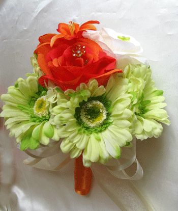 Bridal Bouquet silk wedding flowers ORANGE LILY GREEN DAISY CREAM 17 