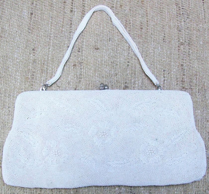 VINTAGE FINELY BEADED WHITE EVENING BAG, MADE IN JAPAN  