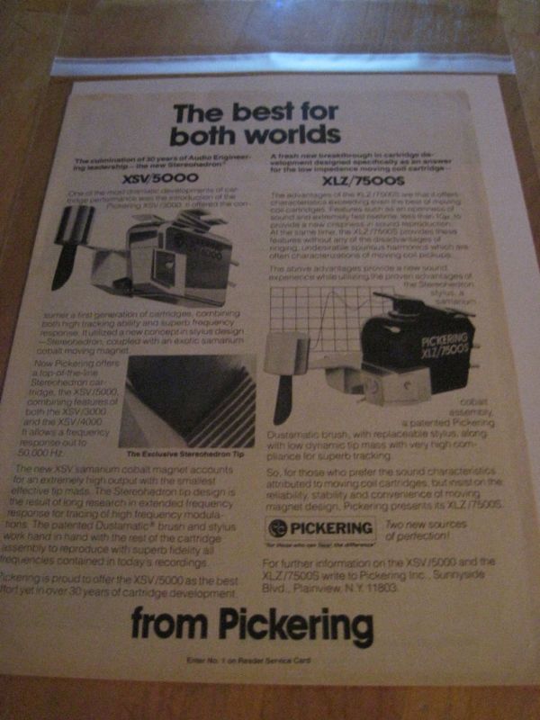 PICKERING XSV/5000 & XLZ/7500S PHONO CARTRIDGE AD 1981  