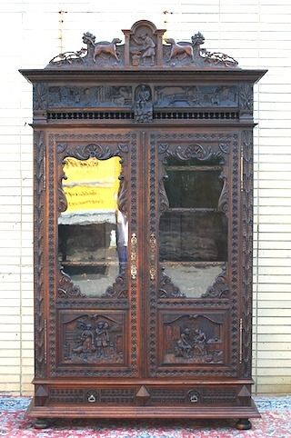 RARE LARGE ANTIQUE CARVED FRENCH BRITTANY BOOKCASE  