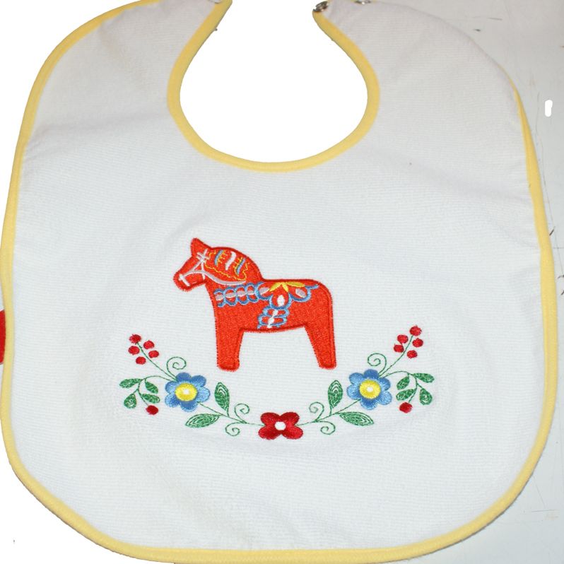 Swedish Dala Horse & Flowers Baby Bib Embroidered  