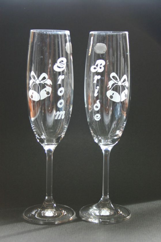 Engraved Bride and Groom Wedding Bells Champagne Flutes Etched 