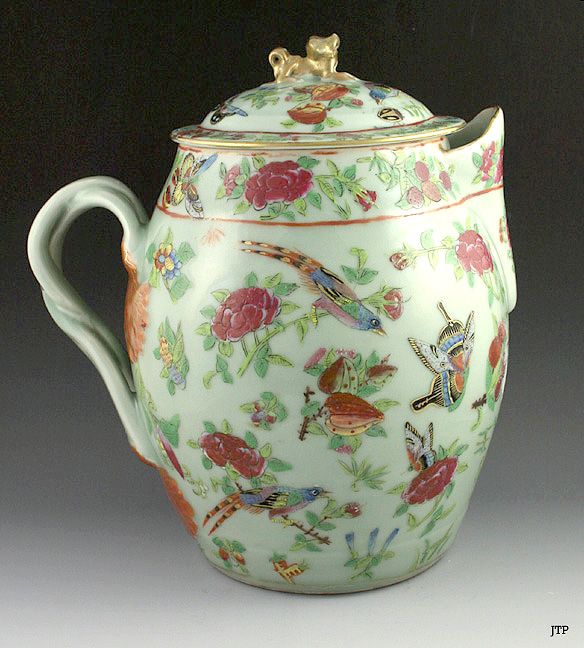 CHINESE EXPORT PORCELAIN CELADON ROSE MANDARIN PITCHER  