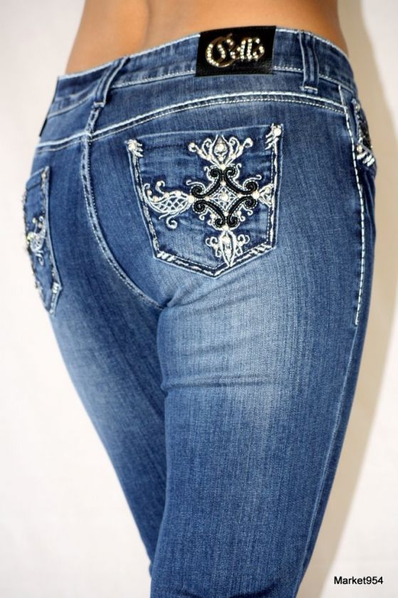   Womens Jeans Crystal Pockets w Rhinestones Medium Blue CELLO Brand