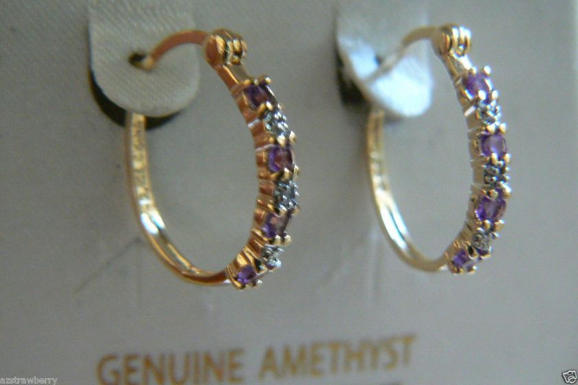   Sterling Silver 925 genuine Amethyst diamond hoop earrings NEW box