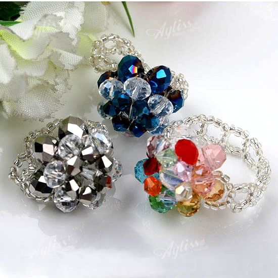 19xMix Color Crystal Glass Hand Knit Flower Finger Ring  