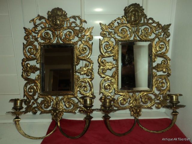   Bronze Gold GILT Victorian Mirrored Candle Wall Sconces 1800s  