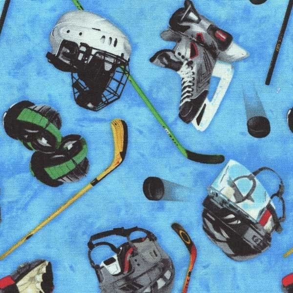 HOCKEY EQUIPMENT SKATES ETC ON LT BLUE Cotton Fabric BTY for Quilting 