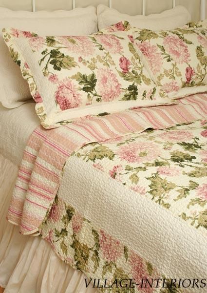   SAGE ROSE PINK PEONY FLORAL COTTON KING QUILT SET 100% COTTON  