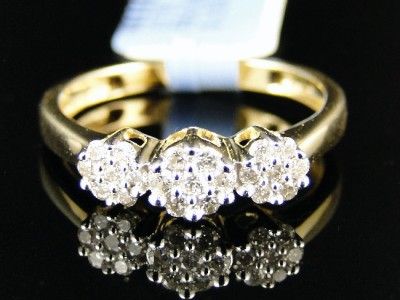 14K YELLOW GOLD 3 STONE DIAMOND FLOWER ENGAGEMENT RING  