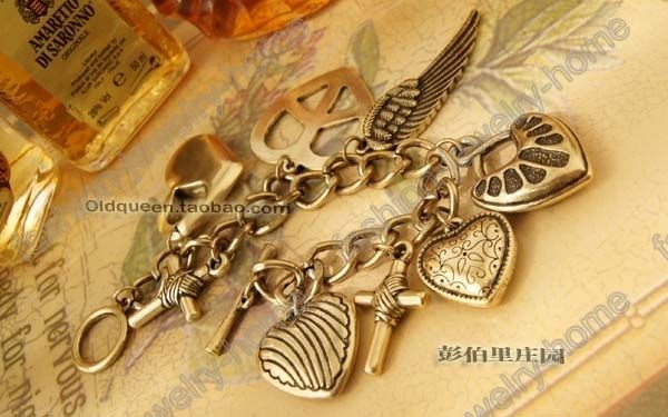 Retro Bronze Heart Cross Wing Charming Charm Bracelet  