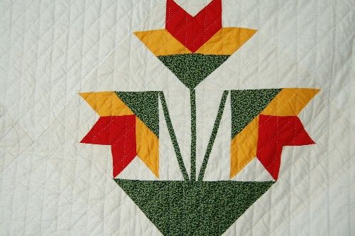 1870s Red, Green & Cheddar Carolina Lily Antique Quilt  