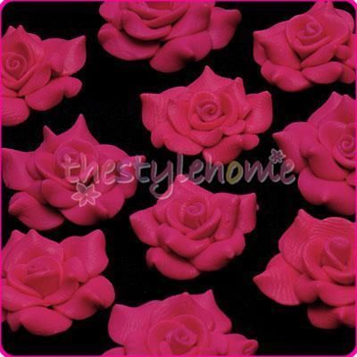 10pc 25mm Polymer Clay Rose Flower Beads Shocking Pink  