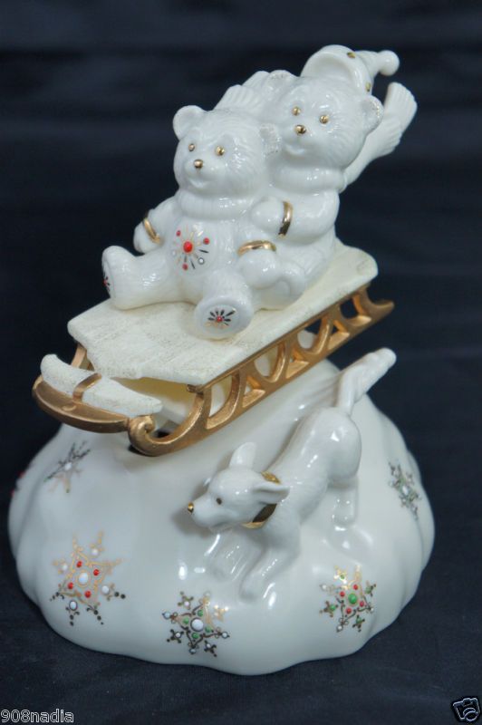 LENOX MUSIC BOX TEDDIES ON SLEIGH CHINA JEWELS  