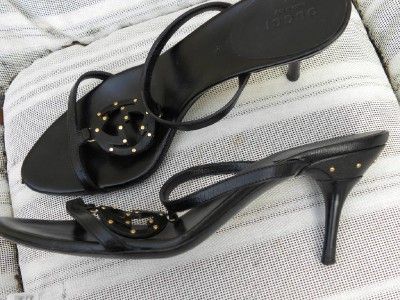 GUCCI GG LOGO BLACK STRAPPY 3 1/2 HEEL SANDALS SZ 38  