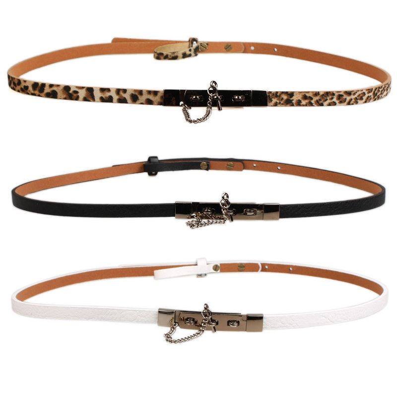 Women Leopard Faux Leather Chain Bar Narrow Waist Thin Skinny Belt 