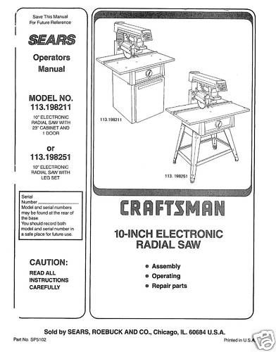  Craftsman Table Saw Manual Model # 113.198251  