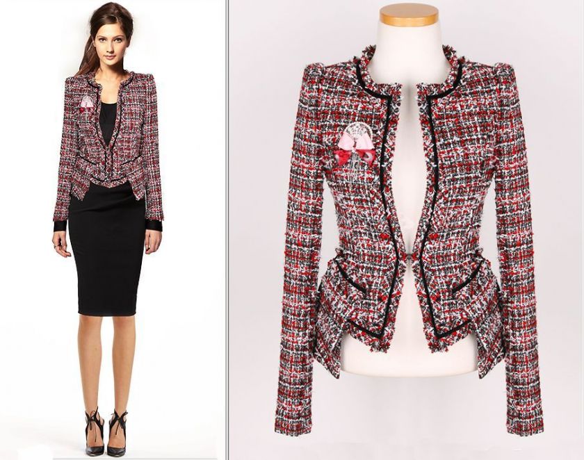  Luxury CoCo Pocket Layered Detail Red/Black Wool Tweed Blazer Jacket