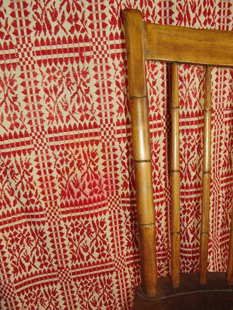   COVERLET c1840 Red Wool + Natrual Cotton TULIPS + FRINGE  