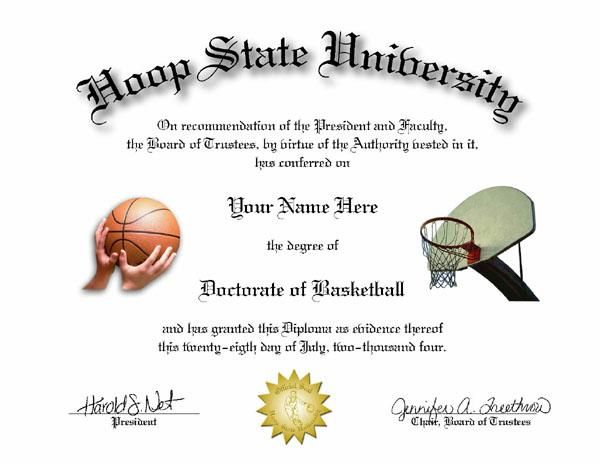 DOCTORATE OF BASKETBALL NOVELTY DIPLOMA GREAT GIFT  