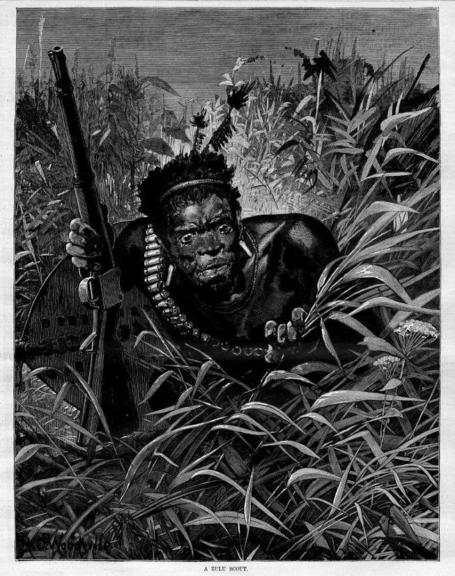 ZULU WAR SCOUT WITH GUN, ANTIQUE ZULU HISTORY ENGRAVING  