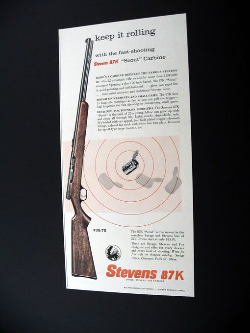 Stevens 87K Scout Carbine 22 Rifle gun 1958 print Ad  