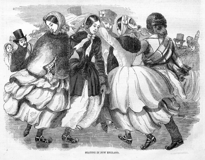 ANTIQUE ICE SKATES, LADIES SKATING IN NEW ENGLAND PRINT  