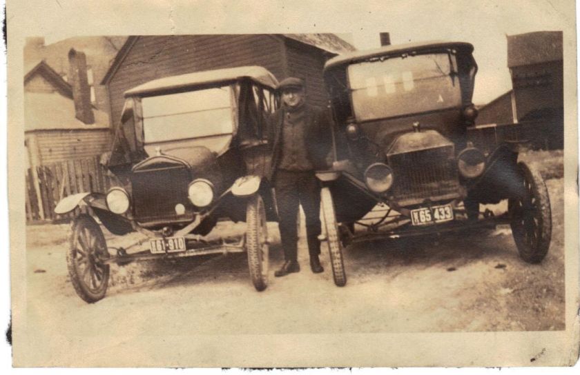 Real Photo Man Standing Between 2 Vintage Autos Michigan  