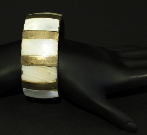   Art Deco Brass & Mother Of Pearl Stripes Wide Bangle Bracelet  