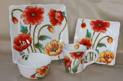 MAXCERA WATER POPPY DINNERWARE SET PLATES BOWLS MUGS   RED/ORANGE 