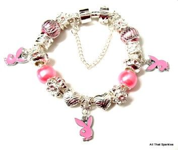 Pink Play Boy Bunny Charms Crystal European Bead Charm Bracelet  