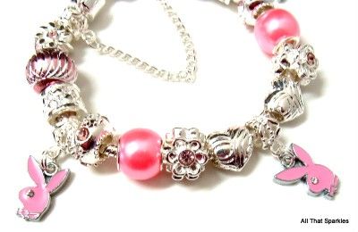 Pink Play Boy Bunny Charms Crystal European Bead Charm Bracelet  