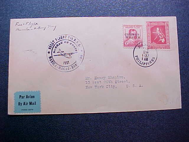 Philippines 1937 First Flight Cover Manila  Hong Kong  