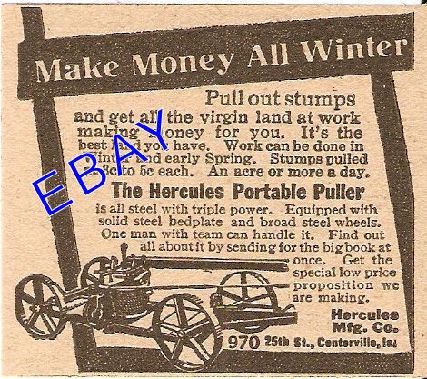 1917 HERCULES PORTABLE STUMP PULLER AD CENTERVILLE IOWA  