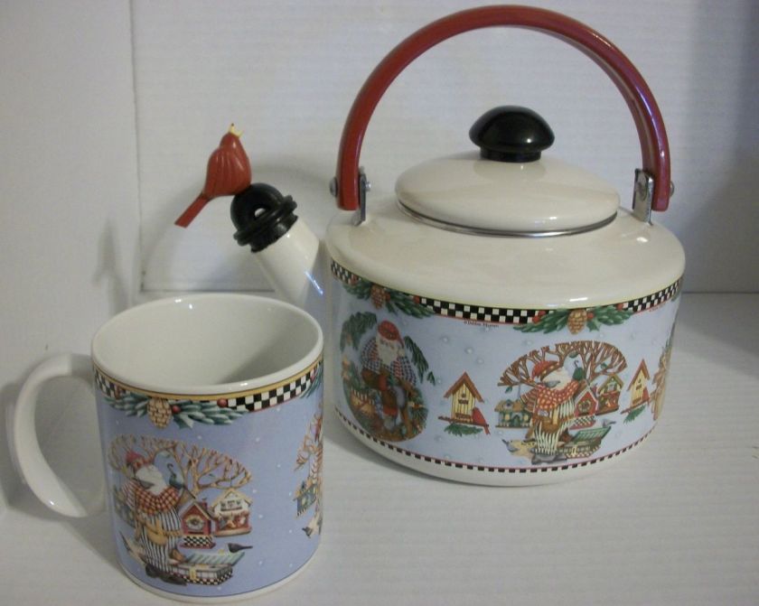   Woodland Santa w/Cardinal Whistle Christmas Enamel Tea Kettle  