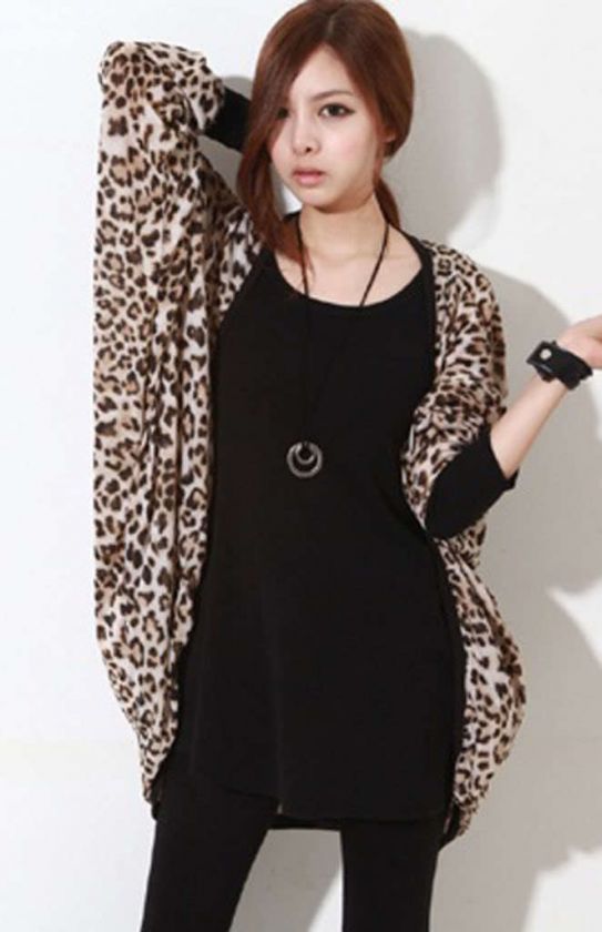   Lady Batwing Dolman Sleeves Loose Long Leopard Coat Cardigan Outerwear