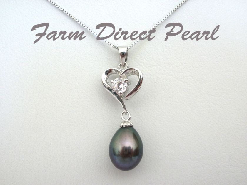 SILVER Pendant Earring SET Freshwater Grey Pearl Heart  