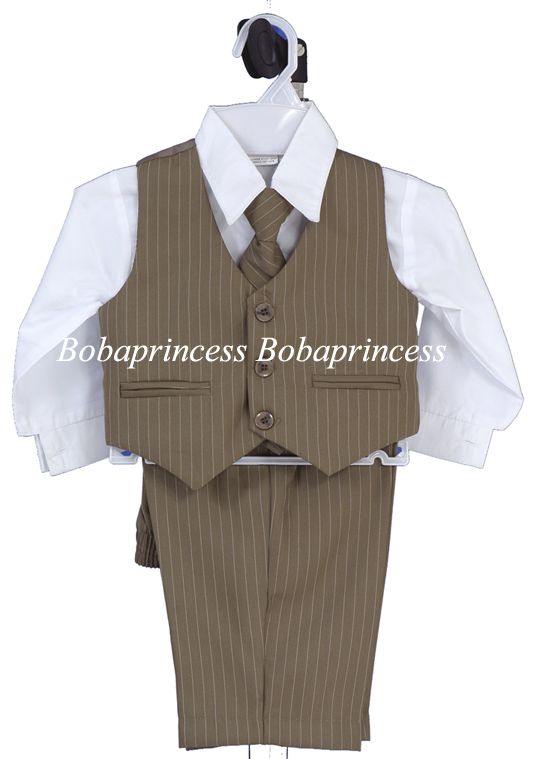 NEW INFANT BOY 4 PCS SUIT KHAKI w/Pinstripe S/M/L/XL  