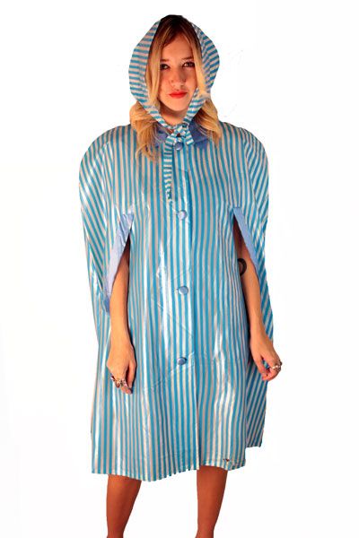 VTG 60s MOD Blue Striped Clear Plastic Rain Cape with Hat  