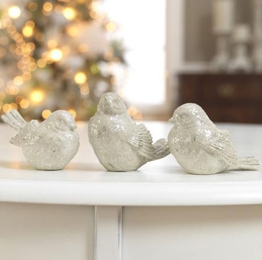 RAZ IMPORTS Large 4 WHITE GLITTERED BIRDS EVERGREEN COLLECTION 