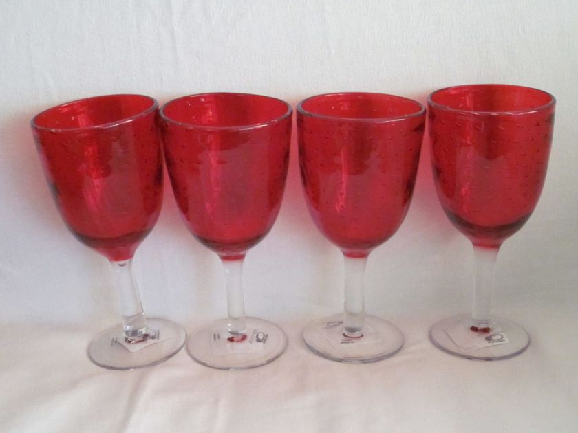 HOLIDAY CHRISTMAS RED HAND BLOWN WINE WATER GLASSES STEM GOBLETS SET 