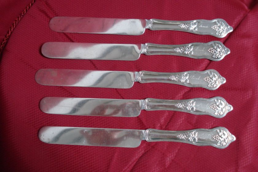 Set of Five Sterling Silver Knives Grape Vine on Handle  