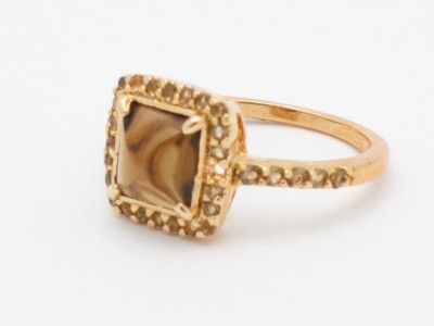 18K YELLOW GOLD SILVER DIAMOND SET SMOKEY TOPAZ RING  