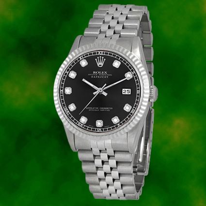 Rolex Mens Datejust Diamond Dial SS Stainless Steel Jubilee Black Date 